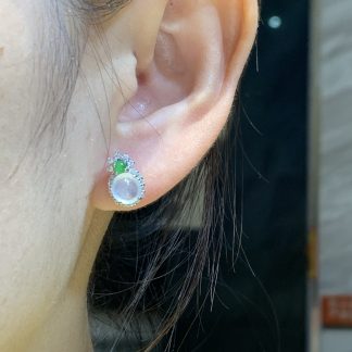 High-Icy Glowing White-and-Green Cabochon Stud Earrings — S925 Silver